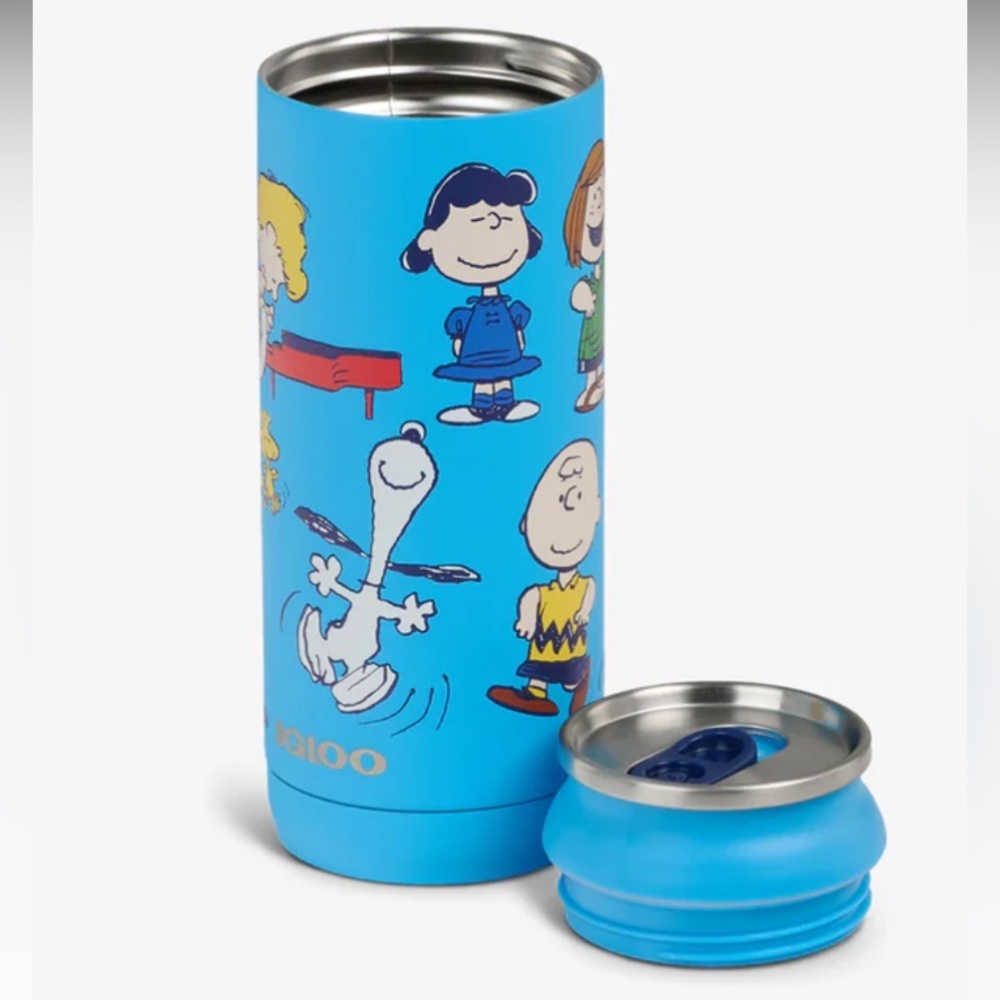 Peanuts Dancing Gang 16 oz Tumbler Cooler Blue Can Stainless Steel NWT